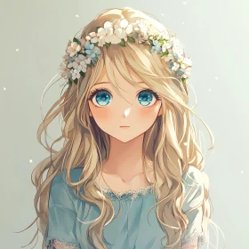 Blue-Eyed Anime Girl with Floral Crown