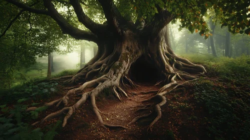 Mystical Forest with Ancient Tree and Roots