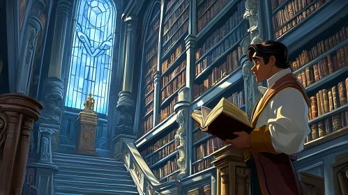 Man Reading in Old Library