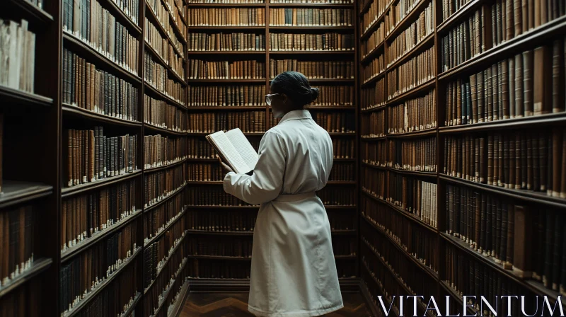 Woman Reading in Old Books Library AI Image