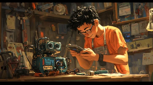 Young Man Fixing Robot