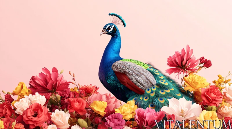 AI ART Elegant Peacock in Blooming Flower Garden