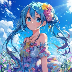 Blue-Haired Anime Girl in Flower Field