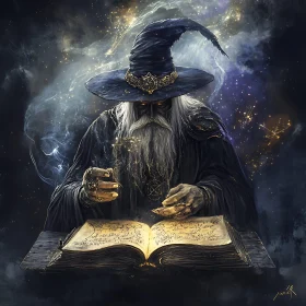 Old Wizard Reading Magic Book