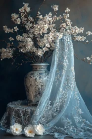 White Blossoms in Ornate Vase Still Life