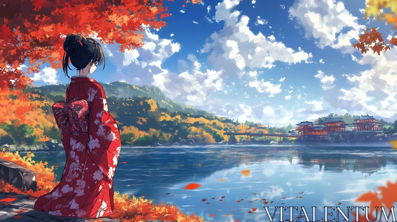 Peaceful Autumn Lake with Traditional Architecture and Kimono AI Image