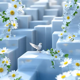 Serene White Bird Amidst Geometric Structures and Daisies