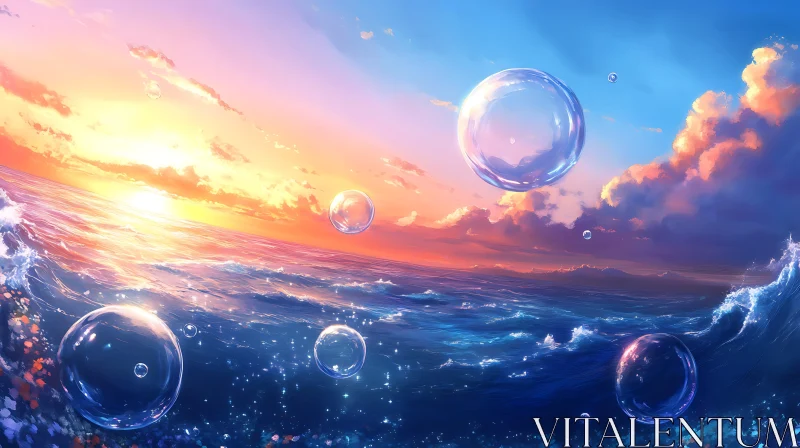 AI ART Tranquil Ocean View with Floating Bubbles