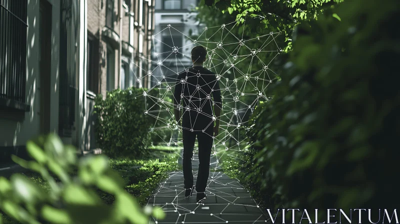 AI ART Man Walking Through Digital Network