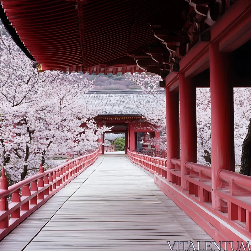 Traditional Japanese Temple amongst Blooming Sakura AI Image