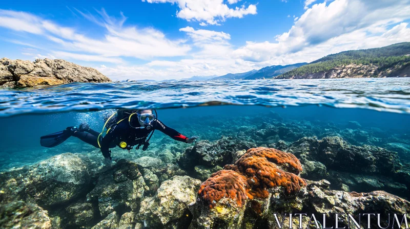 Diver in Clear Waters Among Coral Reefs AI Image