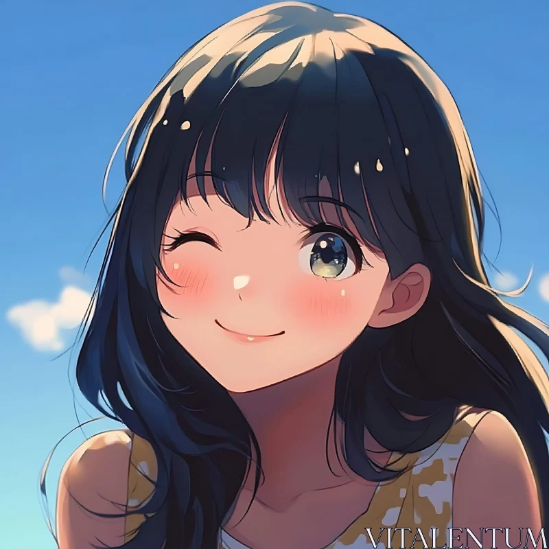 Joyful Anime Girl Winking in Summer Breeze AI Image