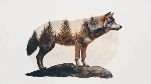 Wolf and Forest Double Exposure Art