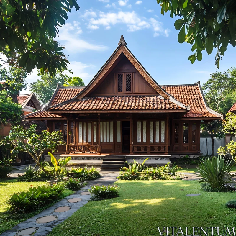 Serene Wooden House with Tropical Garden AI Image