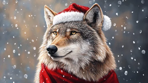 Wolf in Santa Hat Winter Artwork