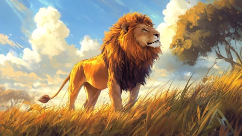 Regal Lion Illuminated by Sunlight in a Serene Field