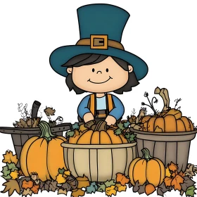 Cartoon Child with Fall Harvest