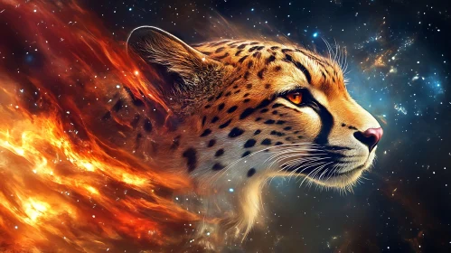 Flaming Cheetah in Starry Galaxy
