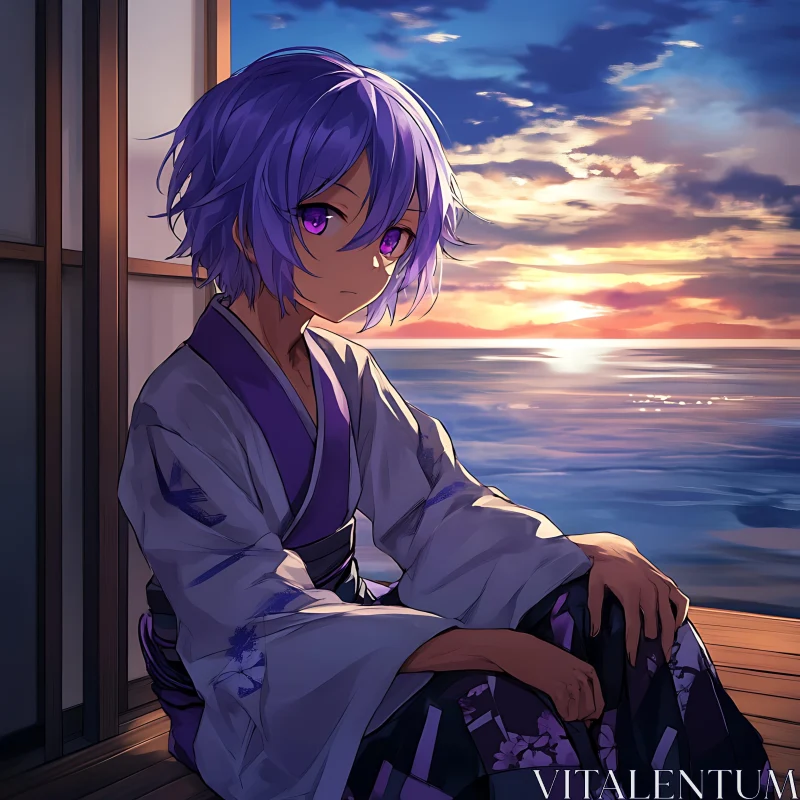 Peaceful Sunset with Purple-Haired Anime Character AI Image