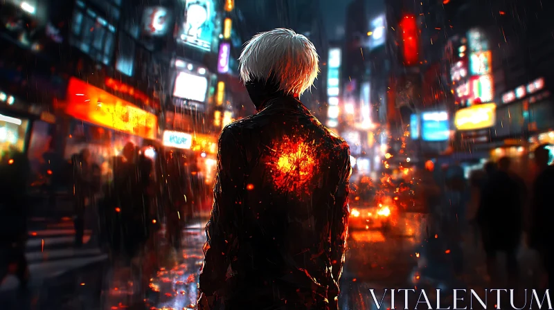 Mysterious Fiery Silhouette in Rainy City AI Image