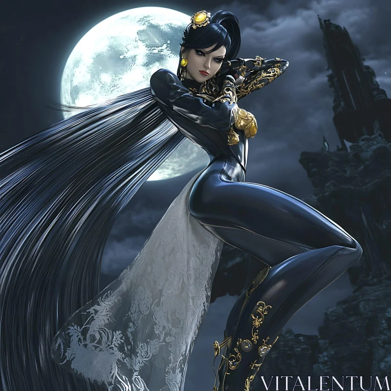 Mystical Dark-Clad Character Beneath the Full Moon AI Image