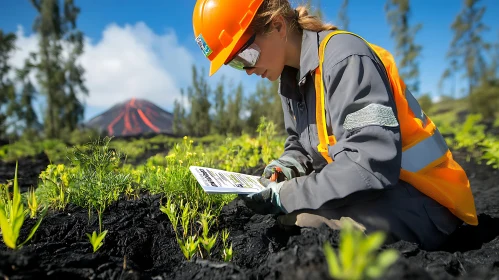 Surveyor Amidst Volcanic Landscape