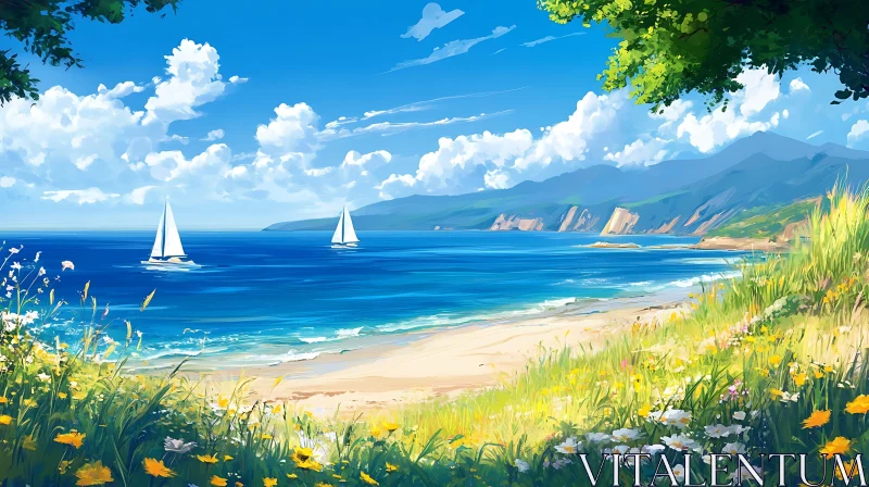 Tranquil Ocean View with Sailboats AI Image