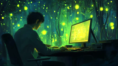 Man Coding in a Glowing Forest