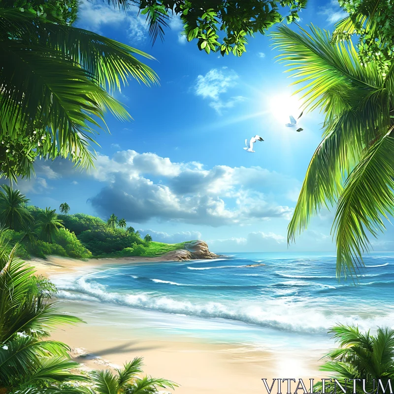 AI ART Tropical Beach Paradise with Seagulls