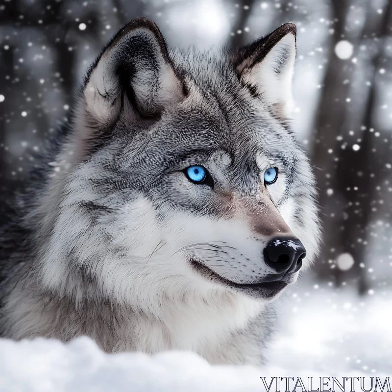 AI ART Blue-Eyed Wolf in a Winter Wonderland