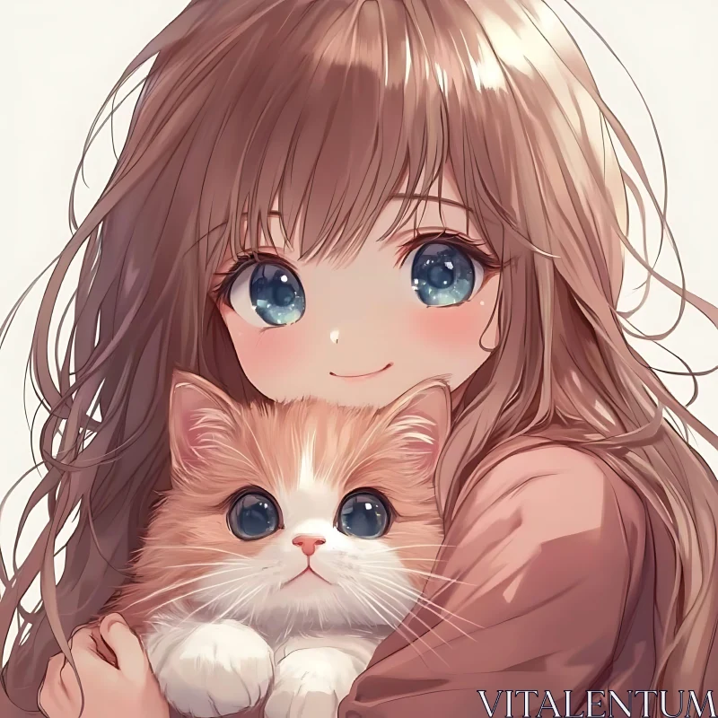 Anime Girl Cuddling Adorable Kitten AI Image