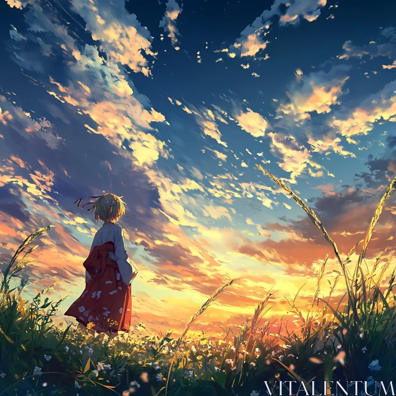 Serene Sunset Field with Anime Girl AI Image