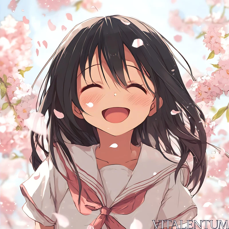 Smiling Anime Girl with Cherry Blossoms AI Image