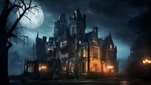 Haunted Gothic Mansion in a Dark Forest - A Night Scene