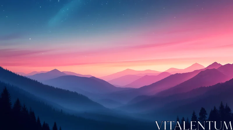 Layered Mountains Pink and Blue Sunset AI Image