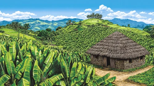 Tropical Landscape with Stone Hut and Banana Plantation