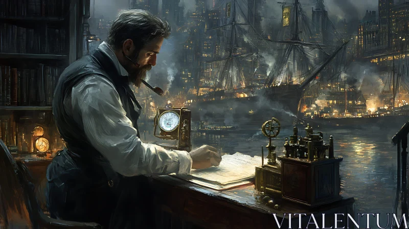 AI ART Steampunk Scholar by the Harbor