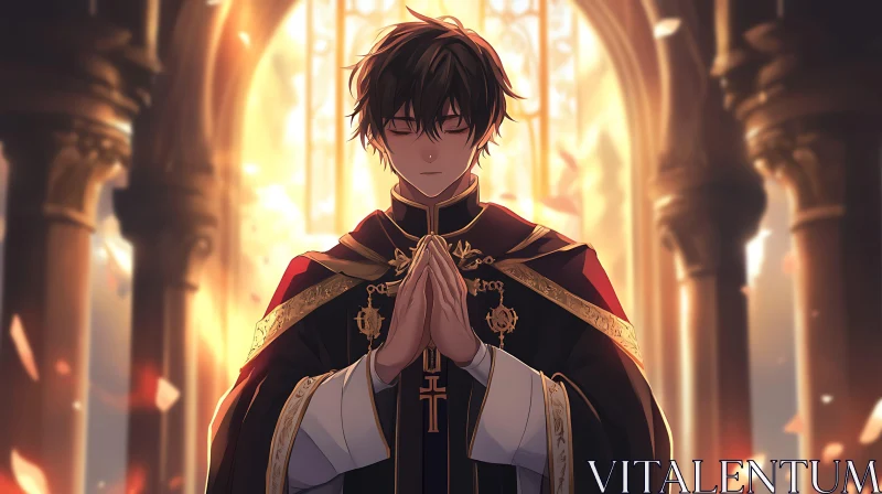 Anime Church Scene with Praying Priest AI Image