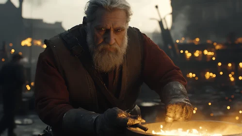 Medieval Blacksmith at Work Forging Steel