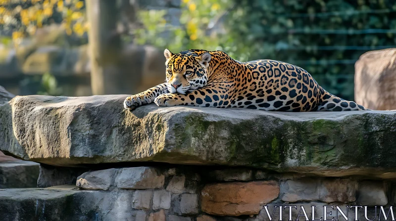 Spotted Jaguar Lounging on Stone Ledge AI Image