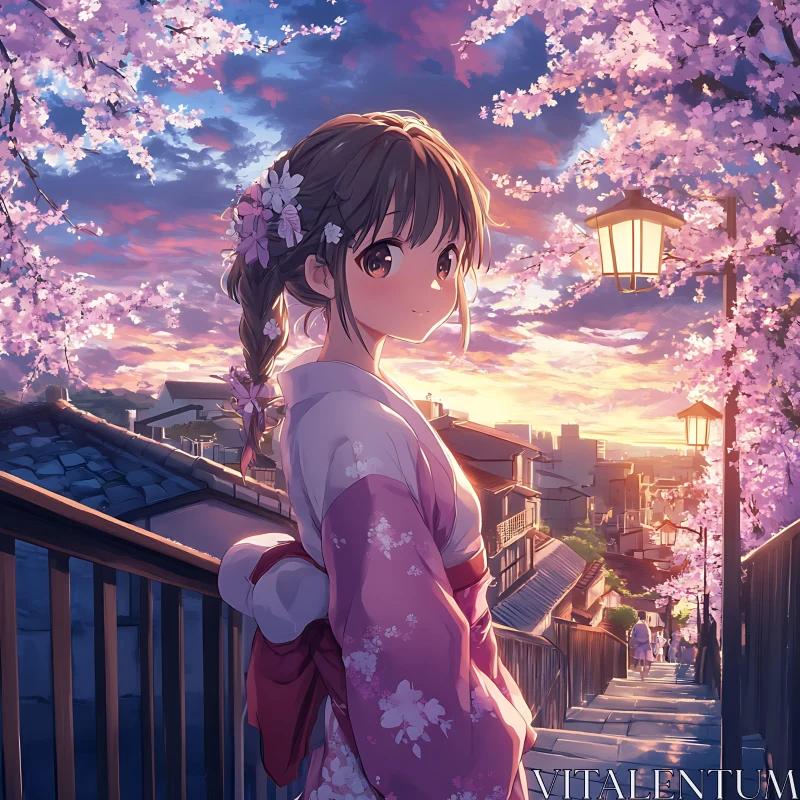 Cherry Blossom Anime Sunset Scene AI Image