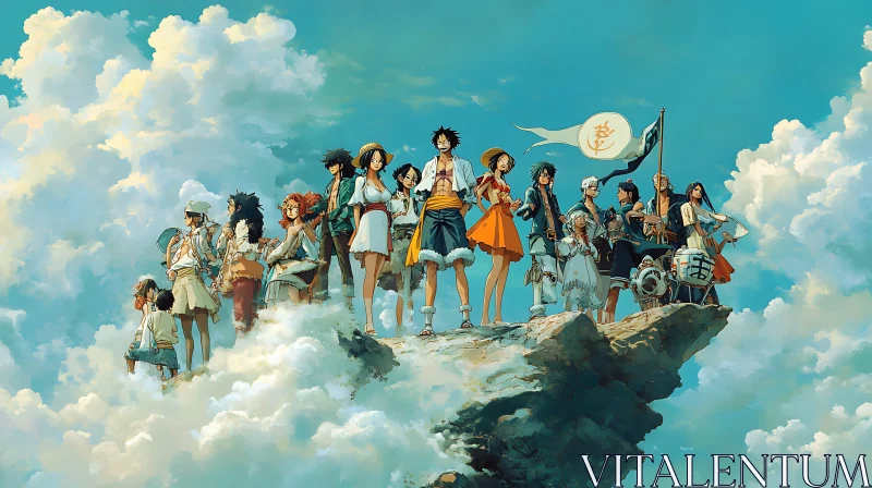 Anime Crew on Cloud-Surrounded Cliff AI Image