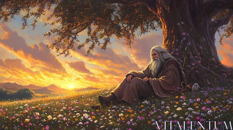 AI ART Man Resting in Flower Field at Sunset