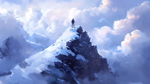 Lone Hiker on Snowy Mountain Top
