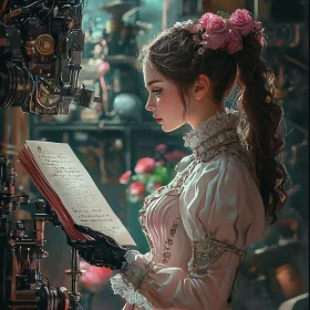 Woman with Flowers and Steampunk Machine