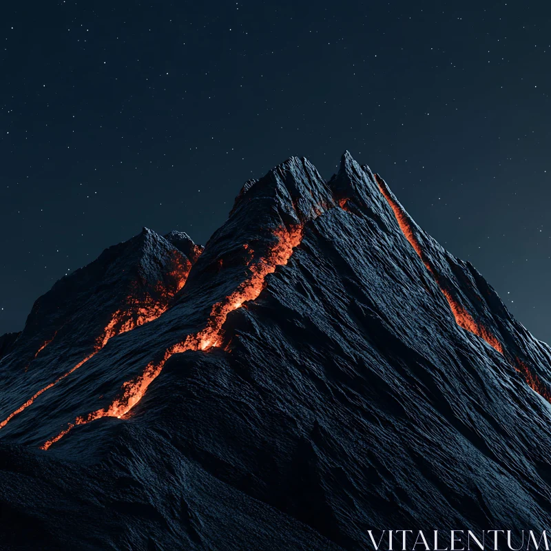 Lava Streaked Mountain Peak at Night AI Image