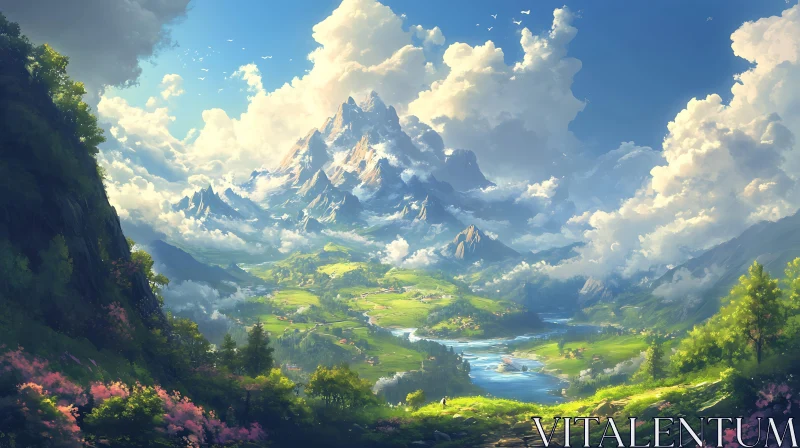 Mountain Valley Landscape with Cloudy Sky AI Image