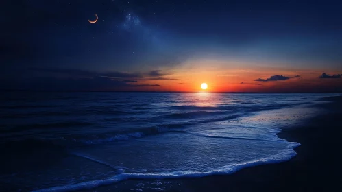 Evening Seascape with Sunset and Moon