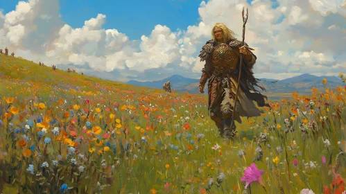 Man in Armor Walking Through Flower Meadow