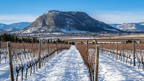 Snowy Vineyard Landscape with Mountain Backdrop